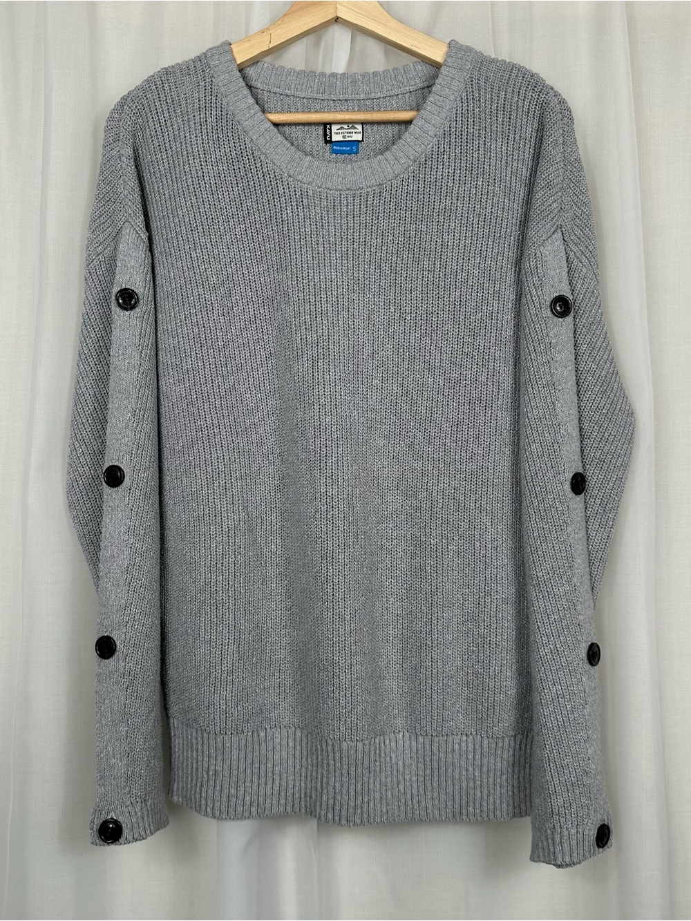 KAVU Lena Gray Chunky Knit Sweater Button Sleeve Gorpcore Cottagecore Size S